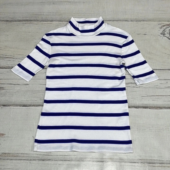 CLOSED Italy Knit Top Mock Neck T-Shirt White Blue Stripes Small - Picture 7 of 11